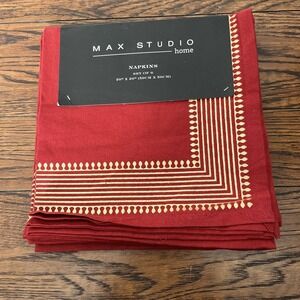 MAX STUDIO HOME Napkins Set Of 6 RED GOLD METALLIC 20" X 20" 100% COTTON